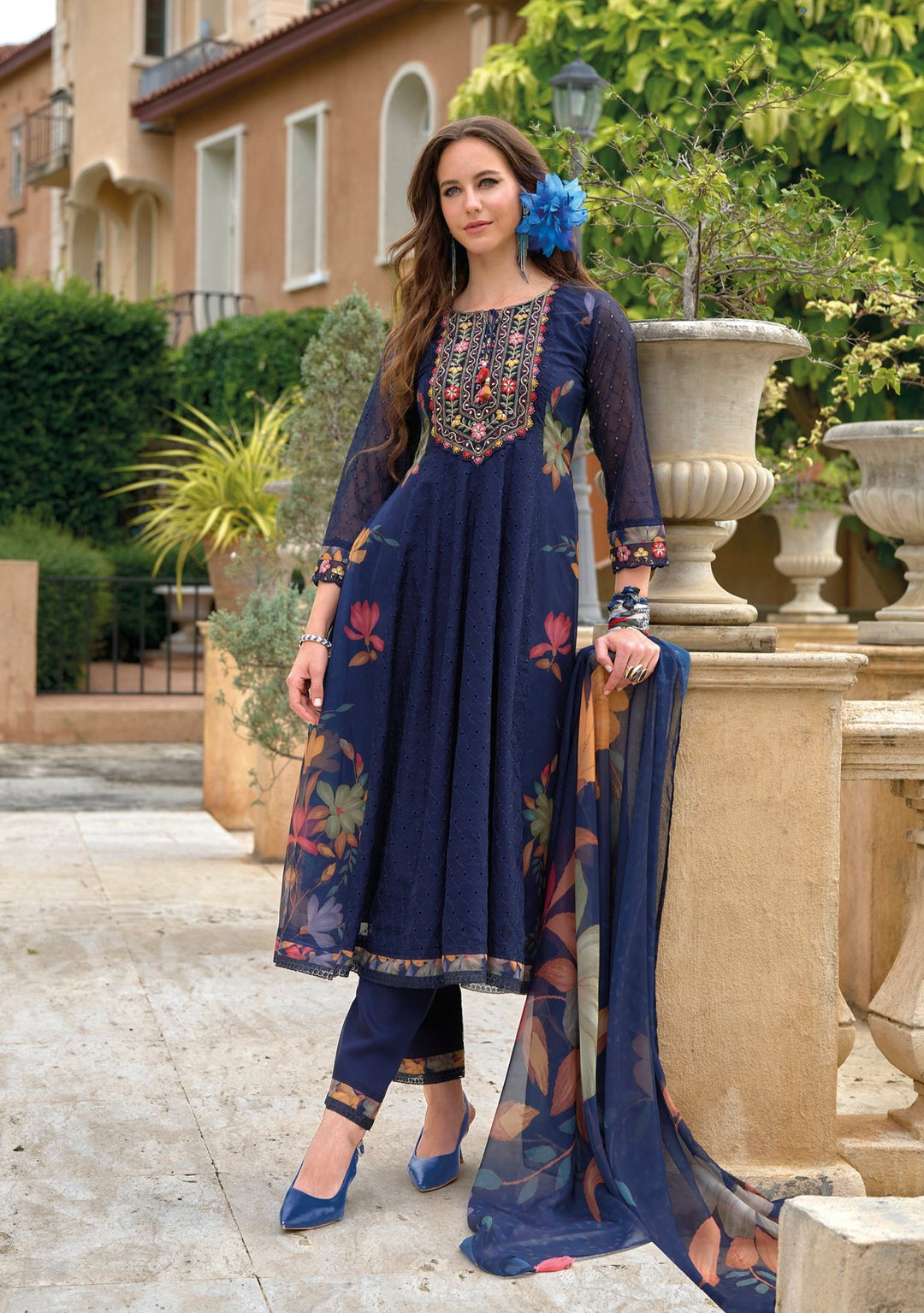 Altaf Azure Schiffli Anarkali Full Work Cotton Suit set