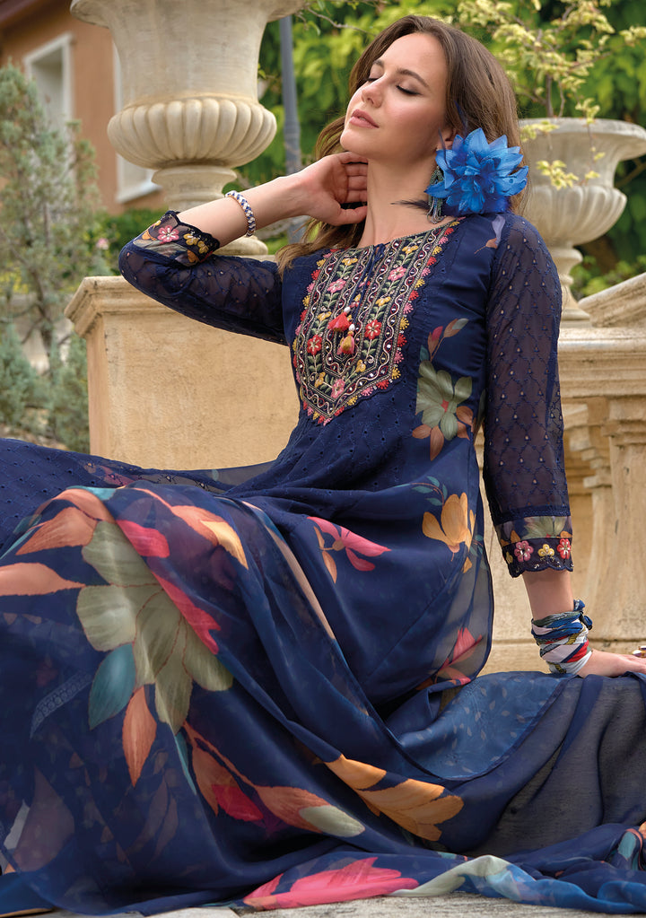 Altaf Azure Schiffli Anarkali Full Work Cotton Suit set