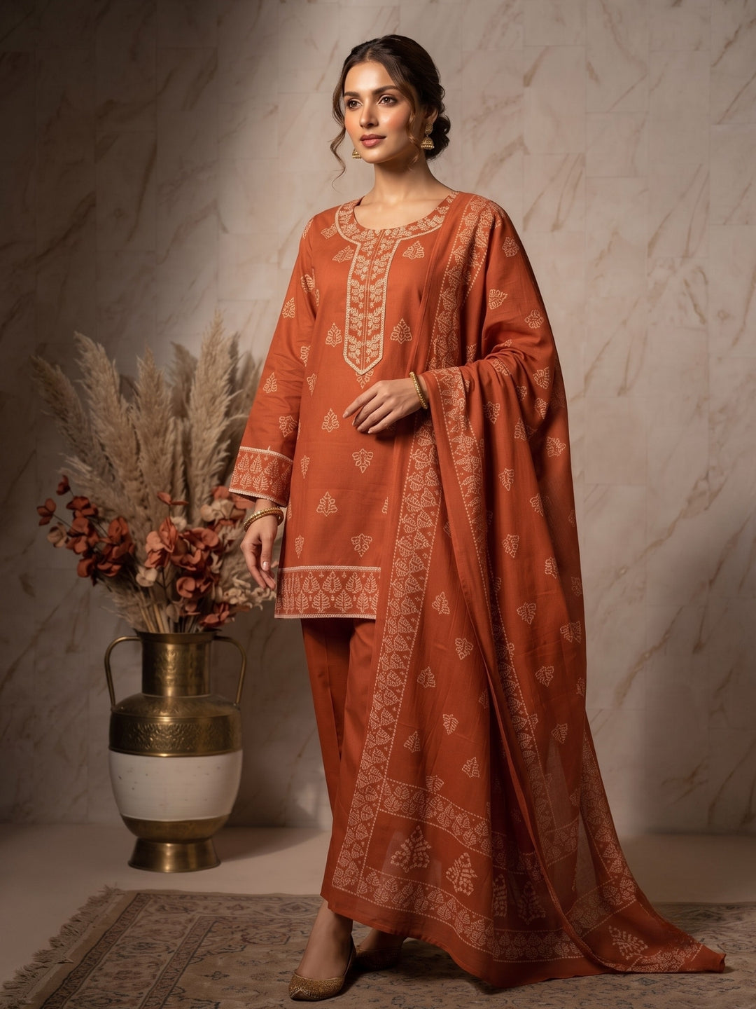 Prisha tangerine cotton farshi suit set