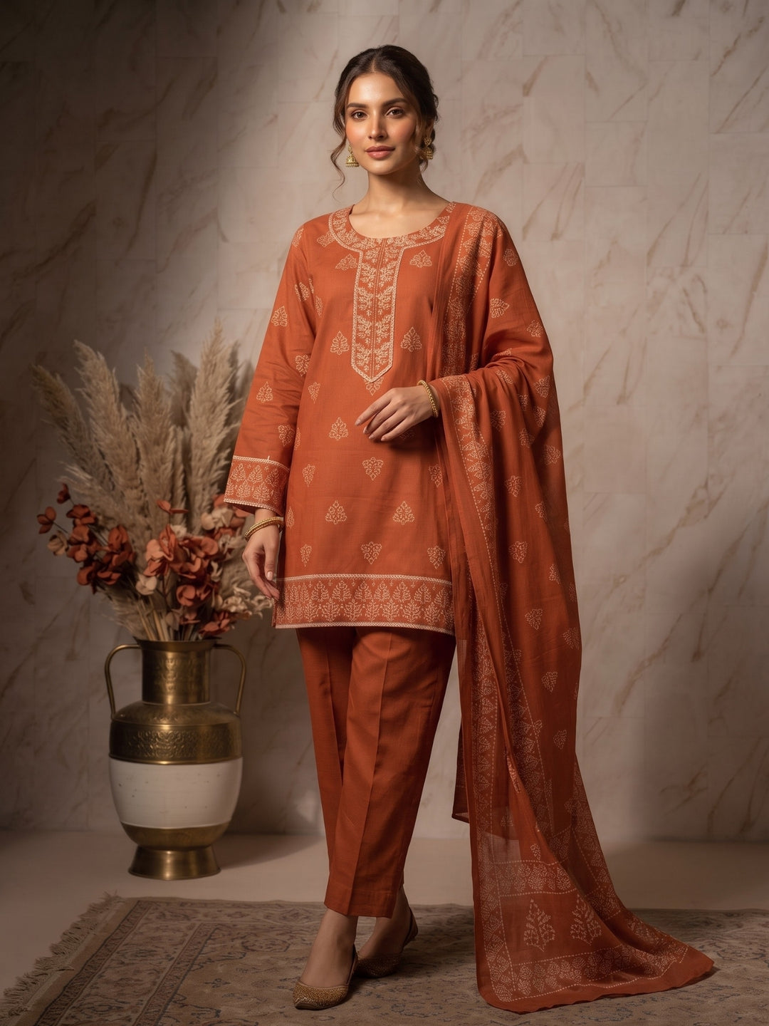 Prisha tangerine cotton farshi suit set