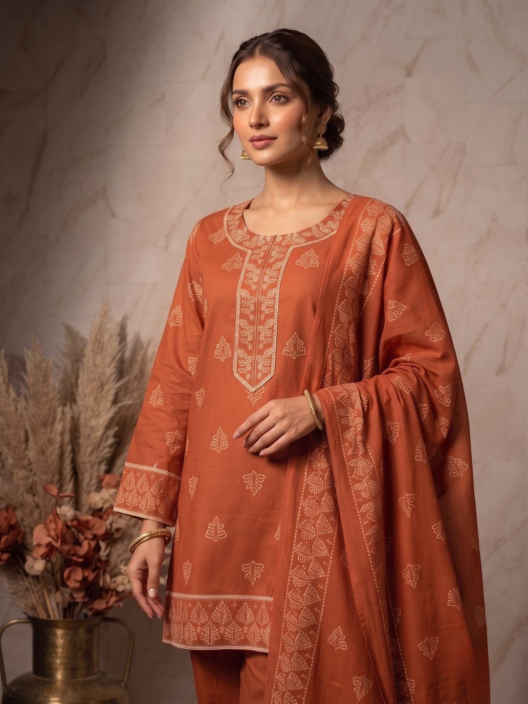 Prisha tangerine cotton farshi suit set