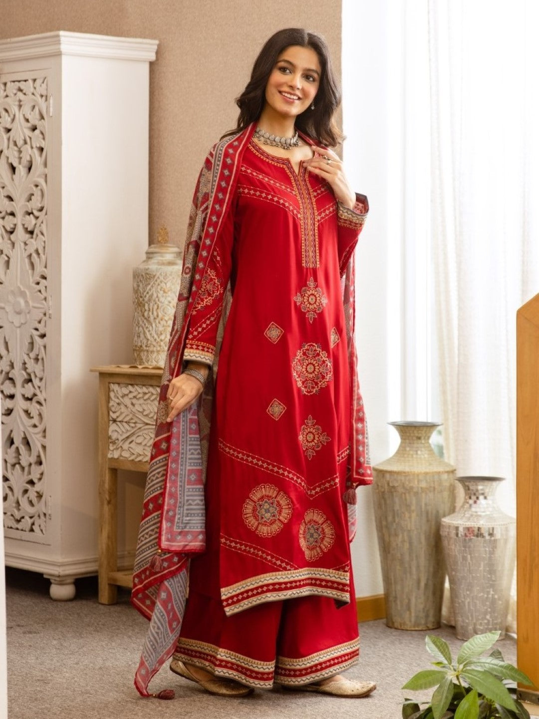 Karen Crimson Embroidery Cotton Suit set