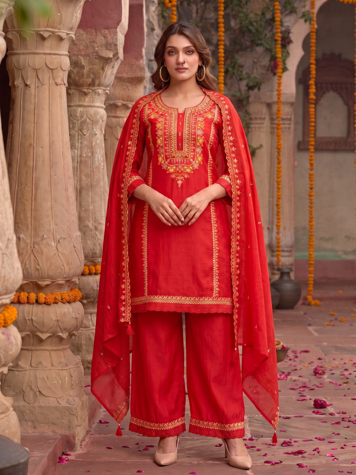 Okra Scarlet full work mul chanderi suit set