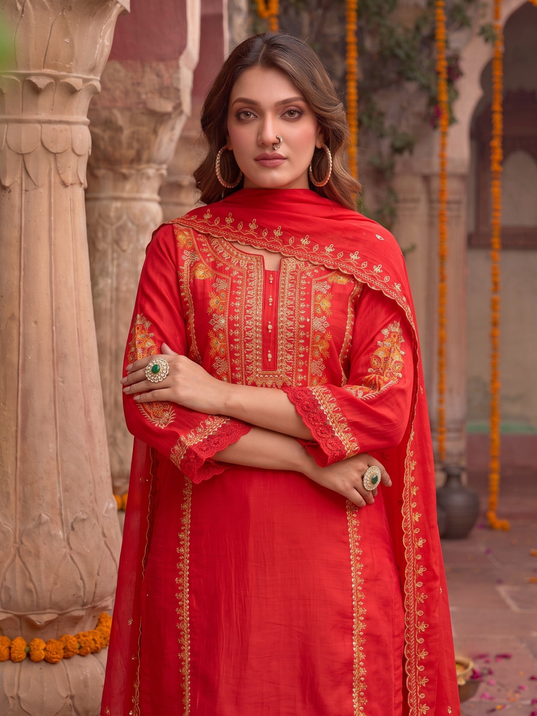Okra Scarlet full work mul chanderi suit set