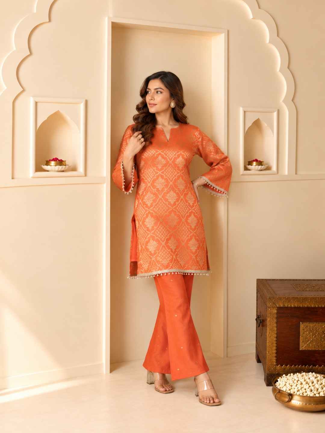 Palash Tangerine Jacquard Top Co-ord Set