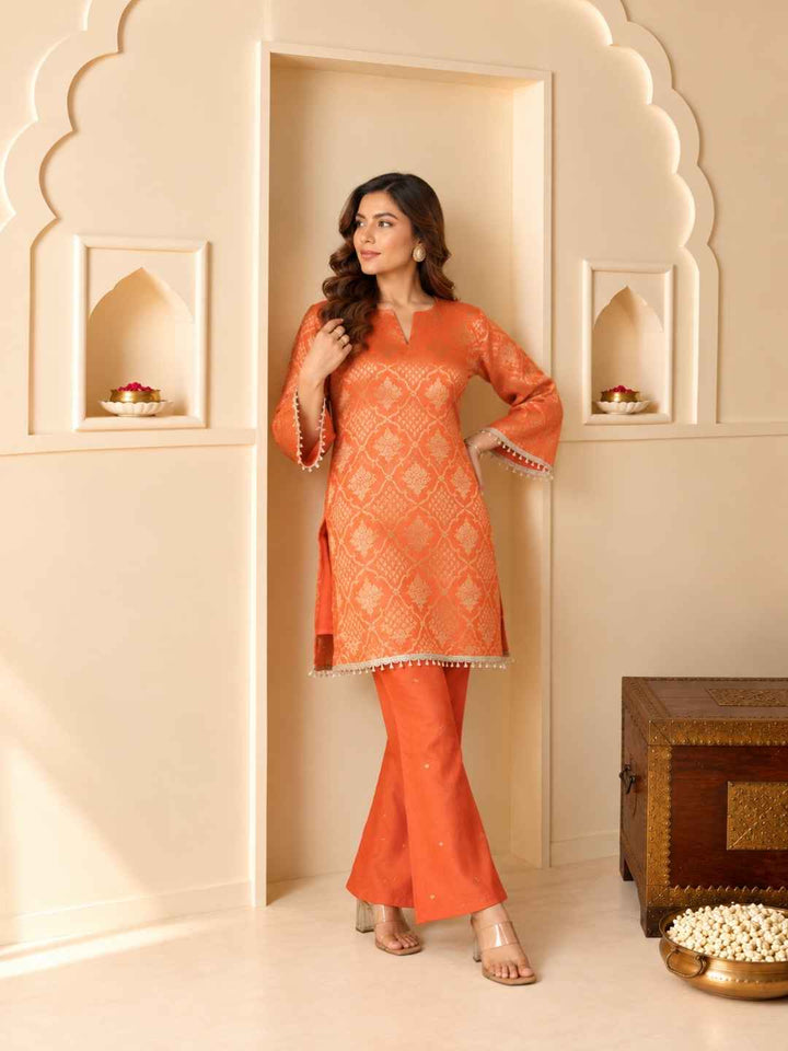 Palash Tangerine Jacquard Top Co-ord Set