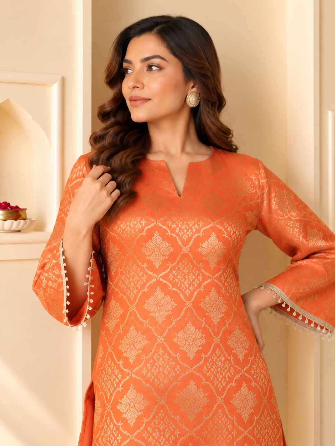 Palash Tangerine Jacquard Top Co-ord Set