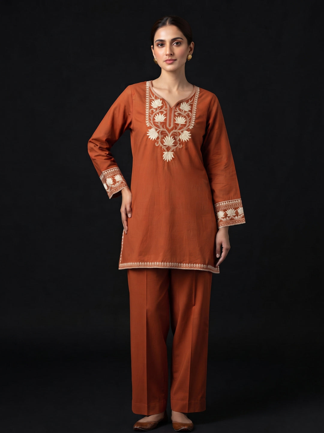 Parul Cadmium Embroidery Cotton Farshi Set