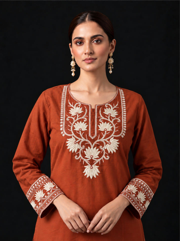 Parul Cadmium Embroidery Cotton Farshi Set