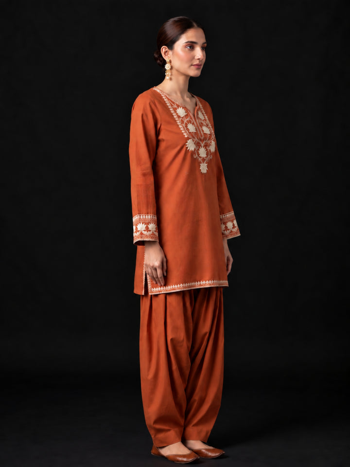 Parul Cadmium Embroidery Cotton Farshi Set