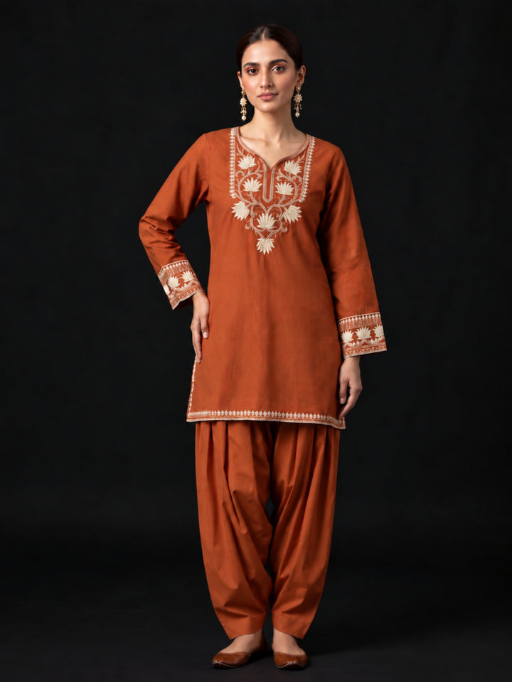 Parul Cadmium Embroidery Cotton Farshi Set