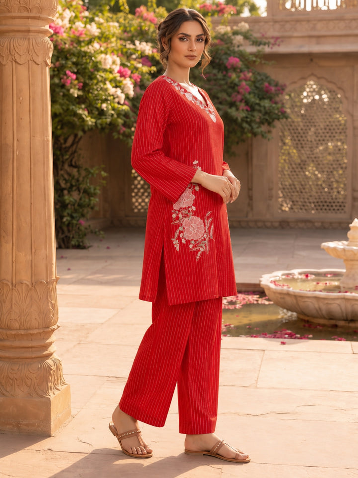 Parul Scarlet Embroidery Cotton Farshi Co-Ords Set