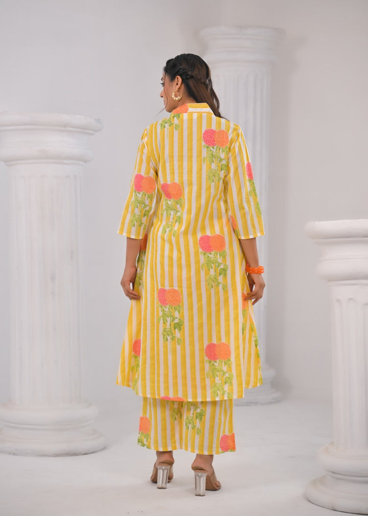 SASHA LEMON PRINTED COTTON KURTA PANT SET