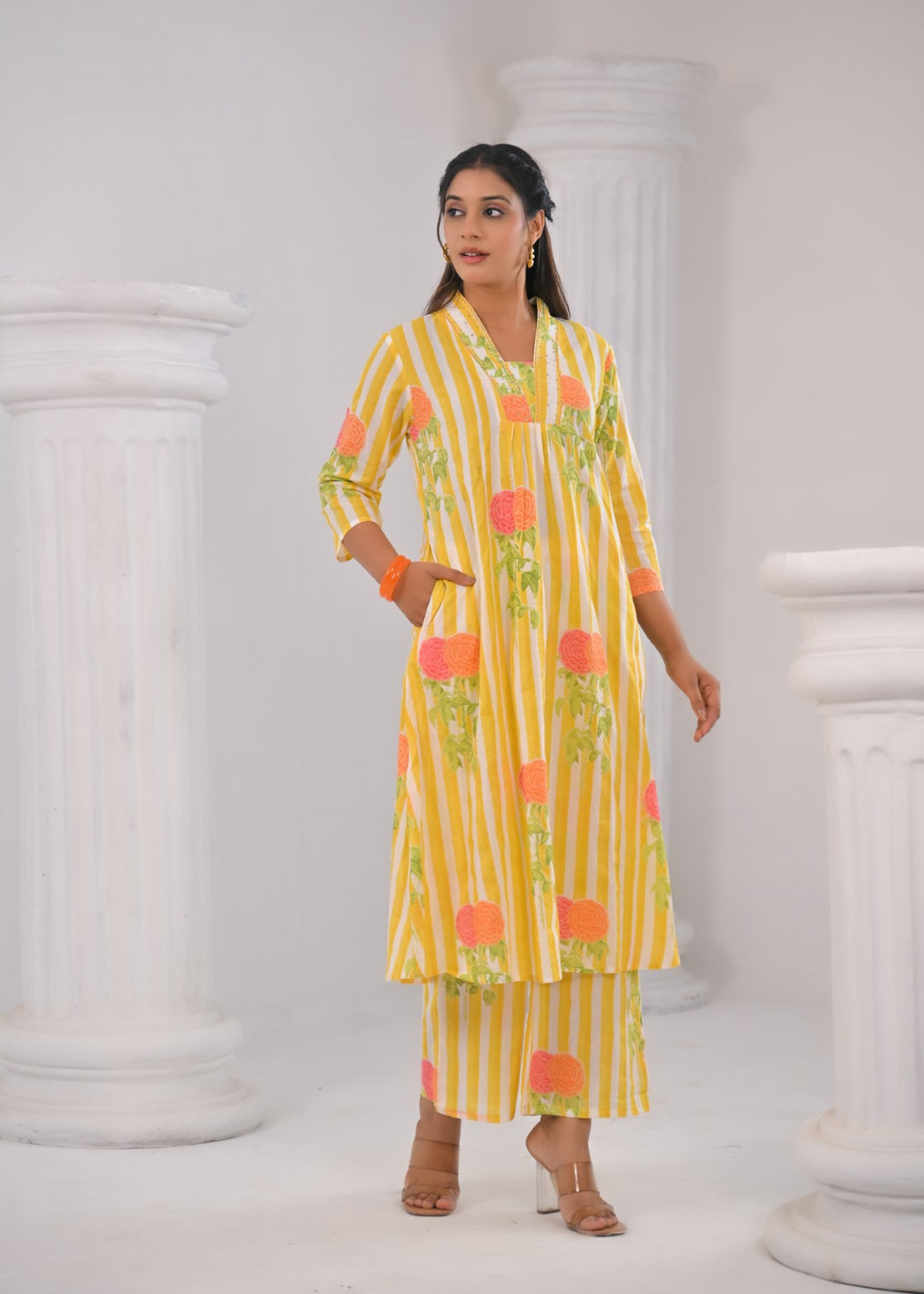 SASHA LEMON PRINTED COTTON KURTA PANT SET