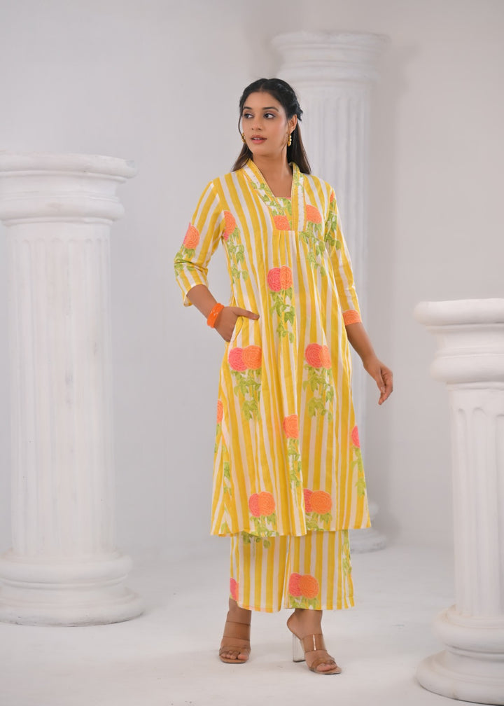 SASHA LEMON PRINTED COTTON KURTA PANT SET