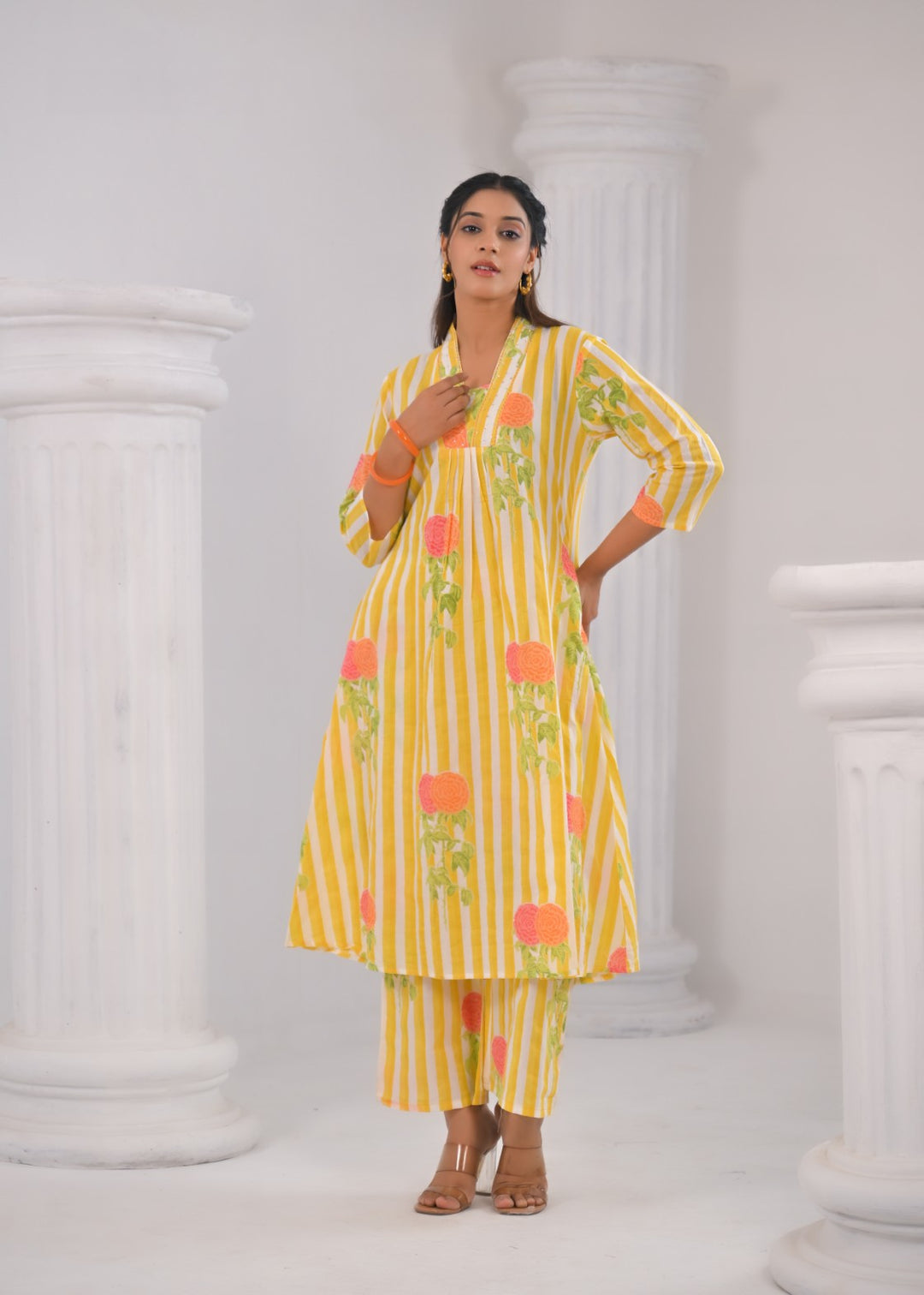 SASHA LEMON PRINTED COTTON KURTA PANT SET