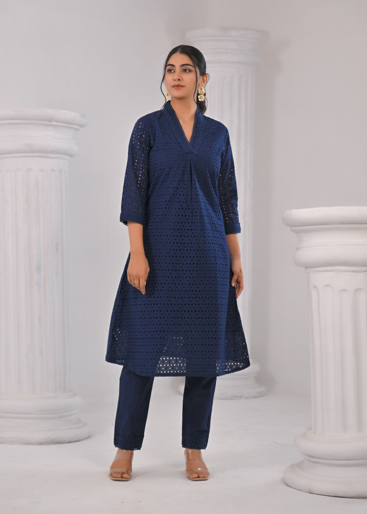 LIPIKA JET SCHIFFLI COTTON KURTA PANT SET