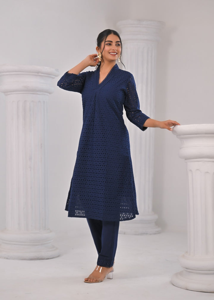 LIPIKA JET SCHIFFLI COTTON KURTA PANT SET