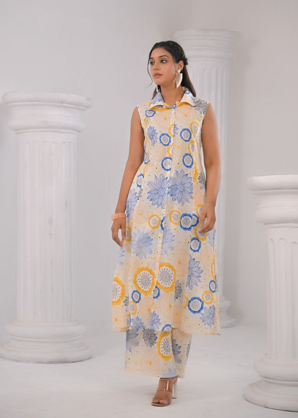 RAAGVI VANILLA PRINTED COTTON KURTA PANT SET