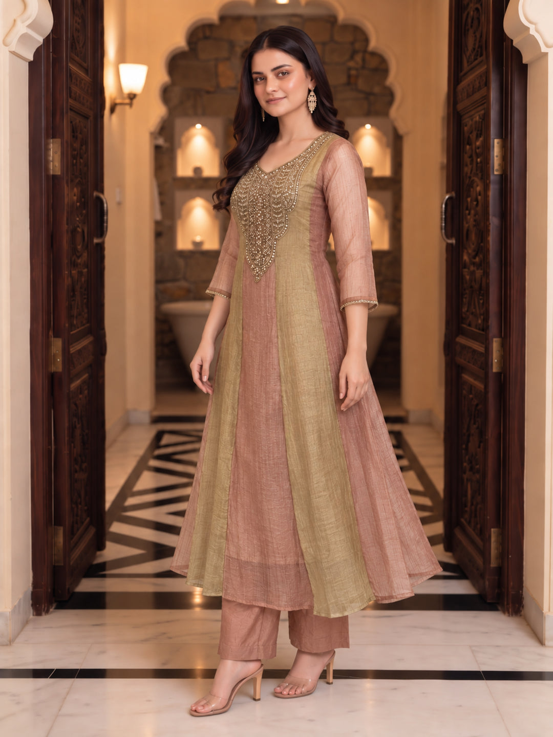 Poppi Apricot Full Work Handwork Heavy Suit Set