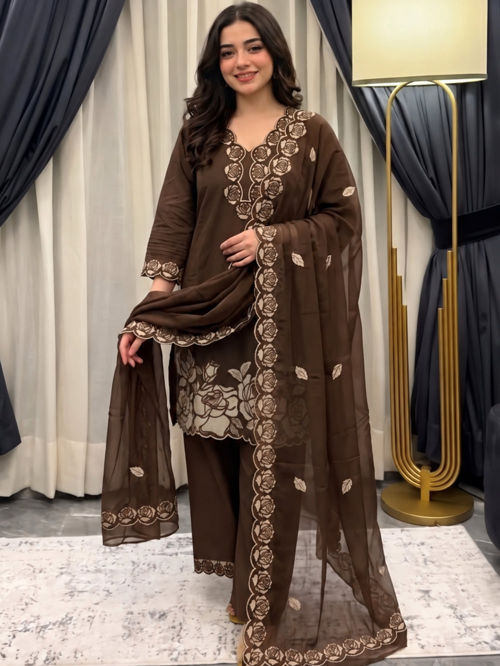 Poppi Cocoa Applique Cotton Suit Set