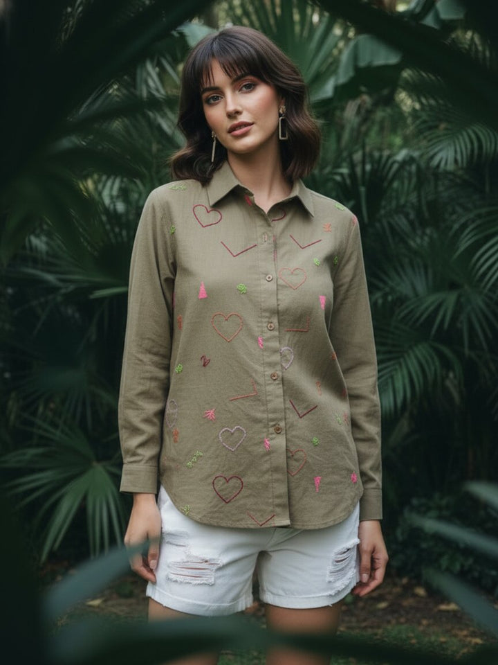 Ivanka olive embroidery cotton shirt