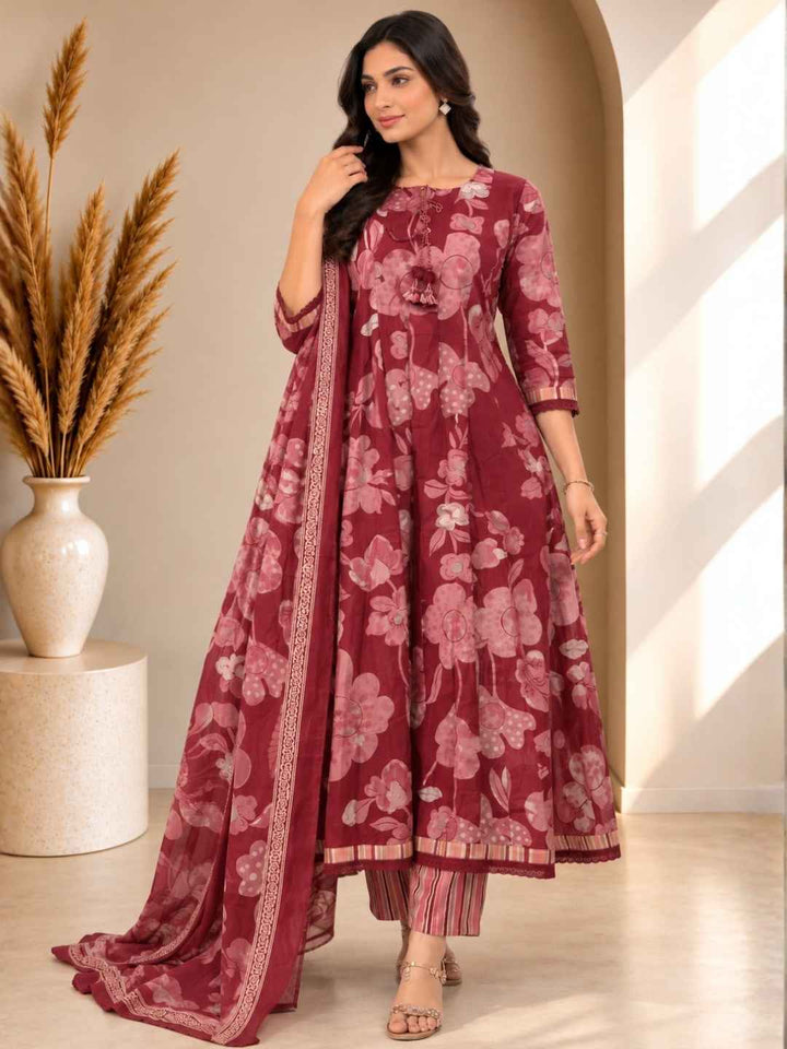 Ridhika Merlot Printed Cotton Suit Set