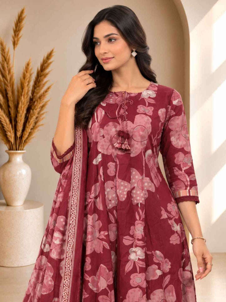 Ridhika Merlot Printed Cotton Suit Set