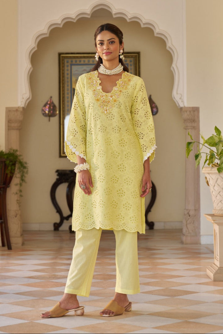 Anumeha Lime schiffli cotton co-ord set