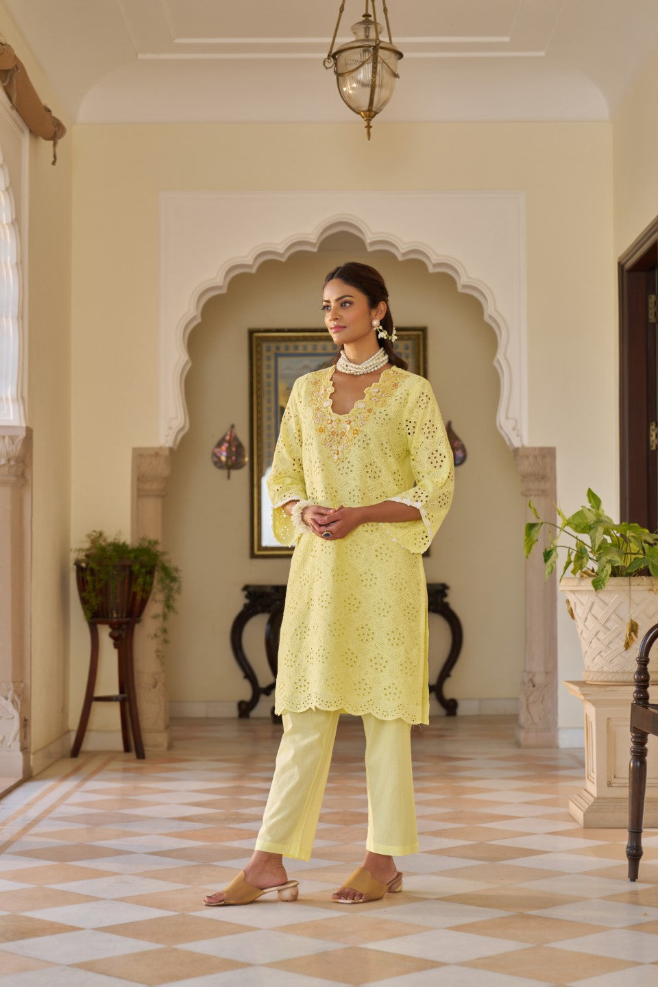 Anumeha Lime schiffli cotton co-ord set