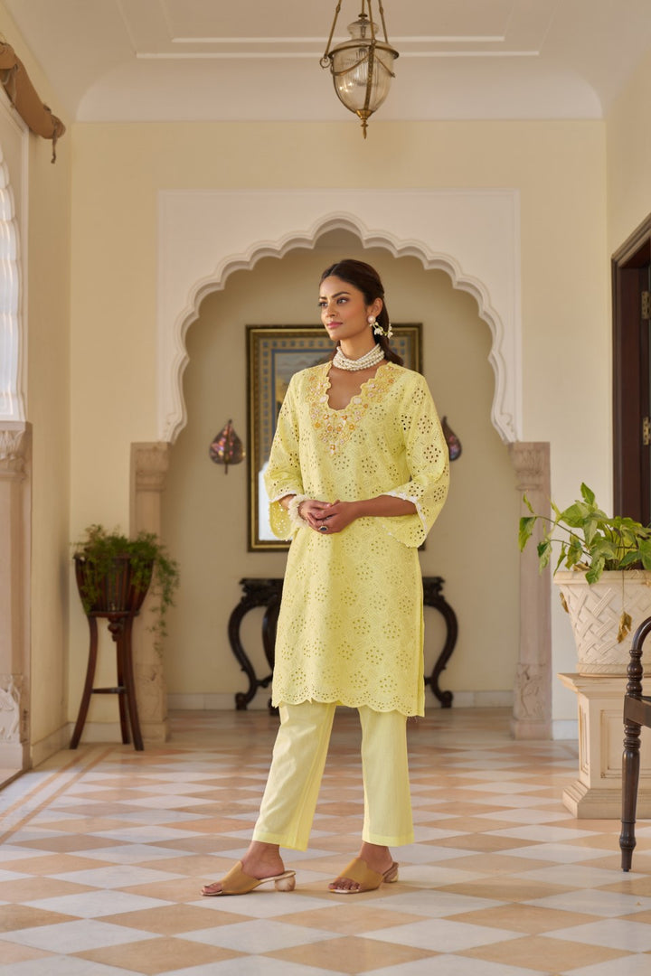 Anumeha Lime schiffli cotton co-ord set