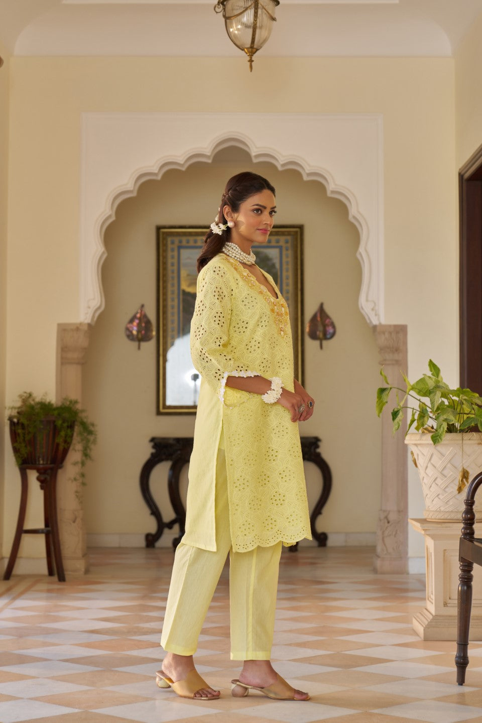 Anumeha Lime schiffli cotton co-ord set