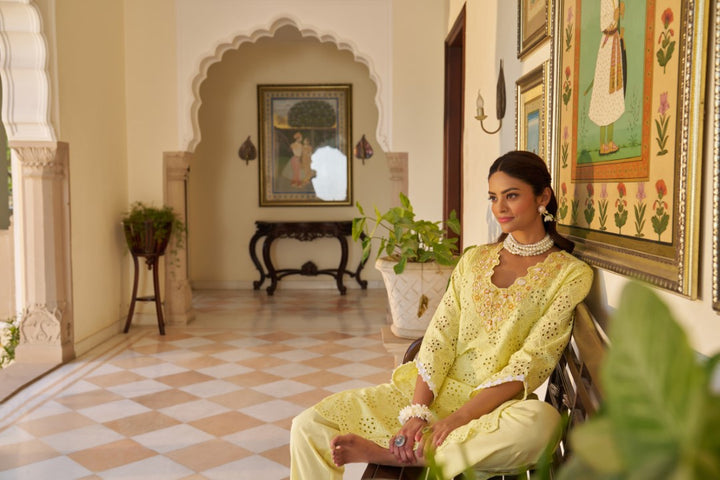 Anumeha Lime schiffli cotton co-ord set