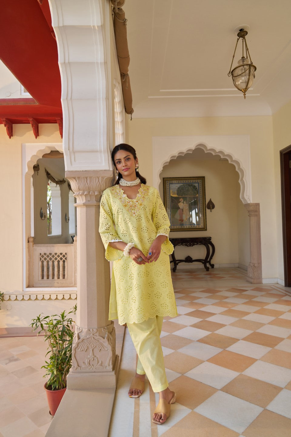 Anumeha Lime schiffli cotton co-ord set