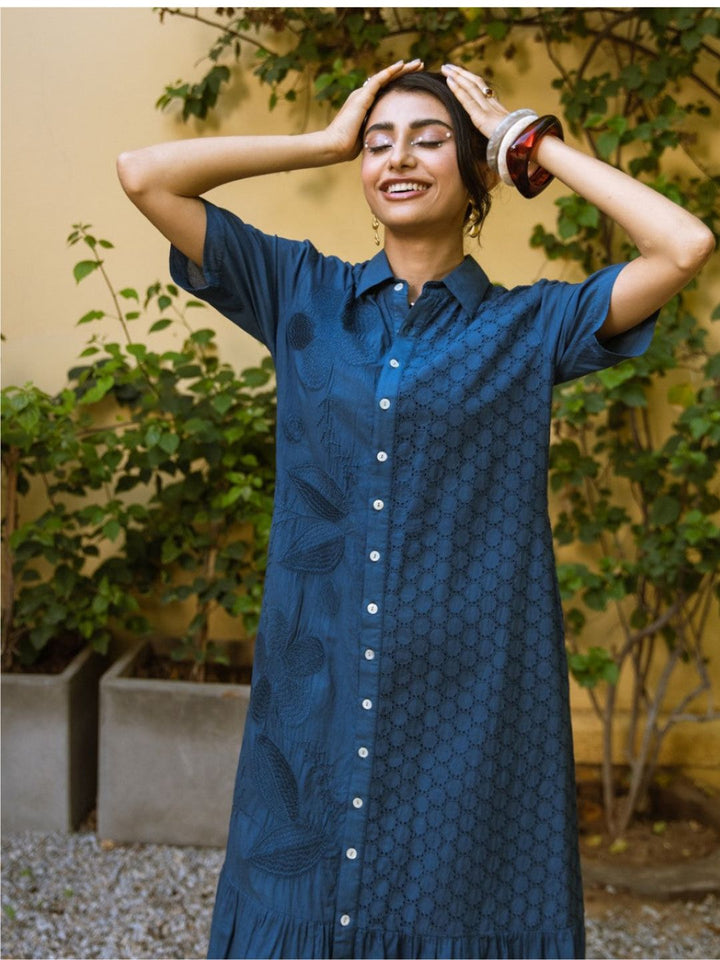 Ravya azure embroidery cotton dress