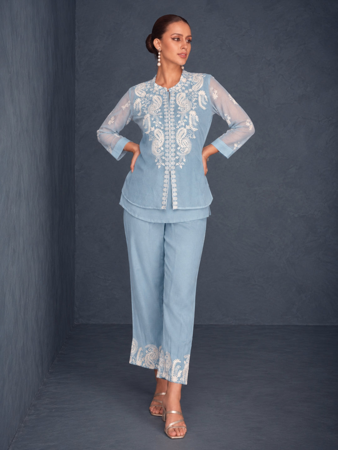 Saba SoftBlue Embroidered 3 pc Co-ord Set