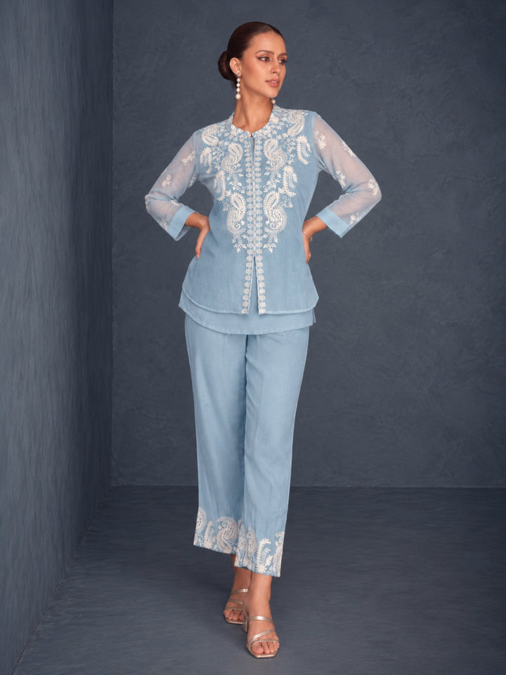 Saba SoftBlue Embroidered 3 pc Co-ord Set