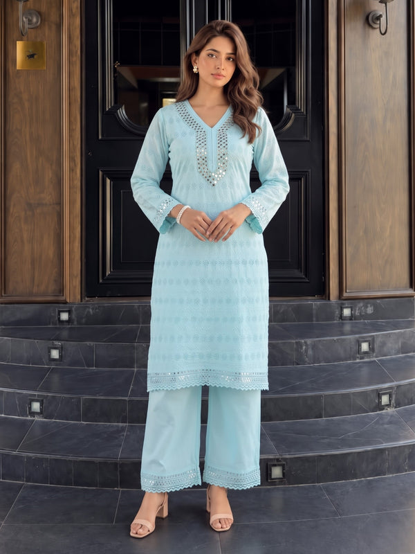 Sanmati Sky Cotton Mirror Schiffli Co-ord Set