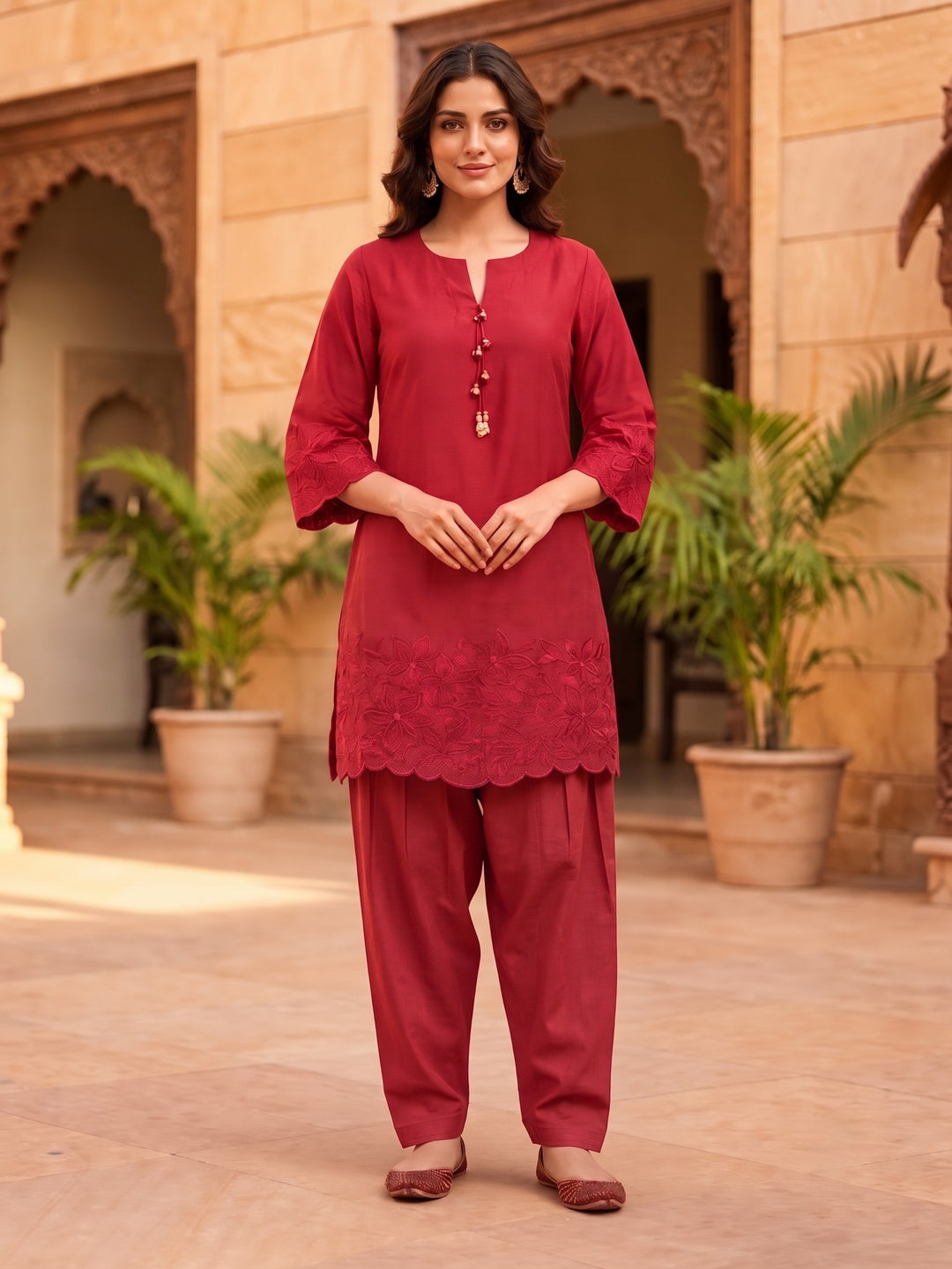 Shakti Carmine Work Farshi Co-Ord Set