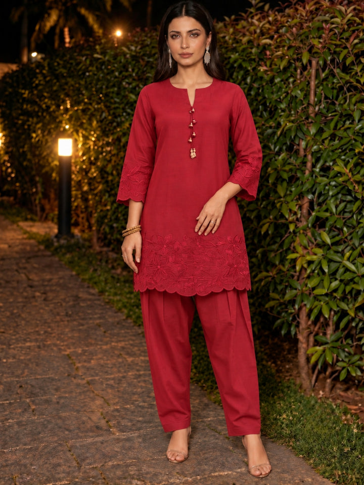Shakti Carmine Work Farshi Co-Ord Set