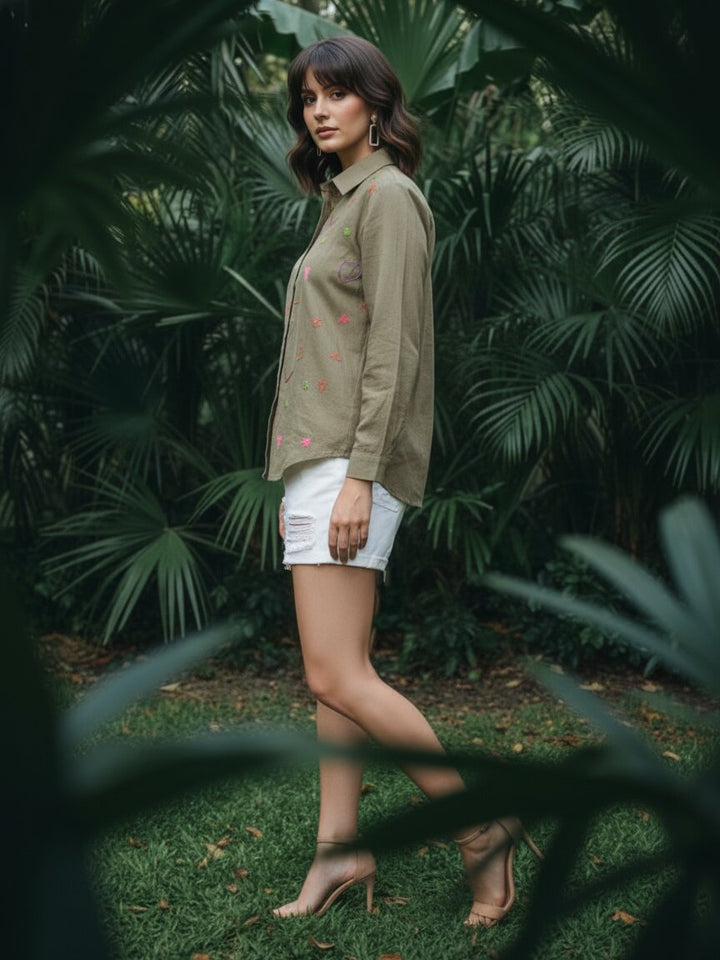 Ivanka olive embroidery cotton shirt