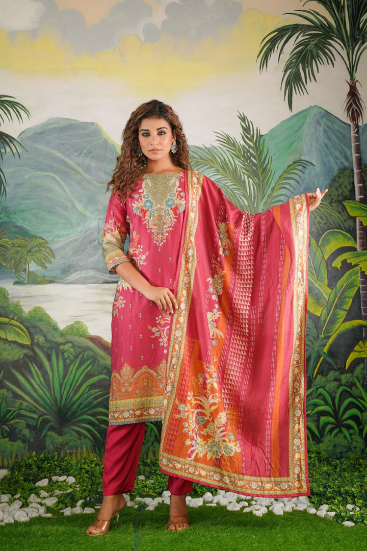 Rabha Vivid Printed Work Suit Set