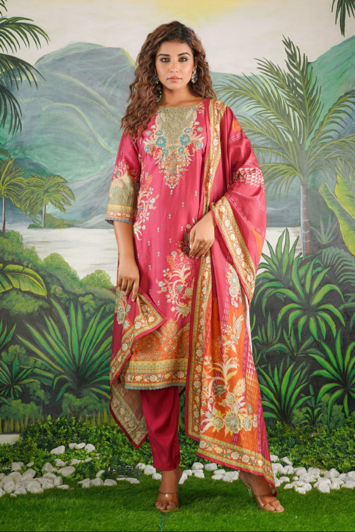 Rabha Vivid Printed Work Suit Set