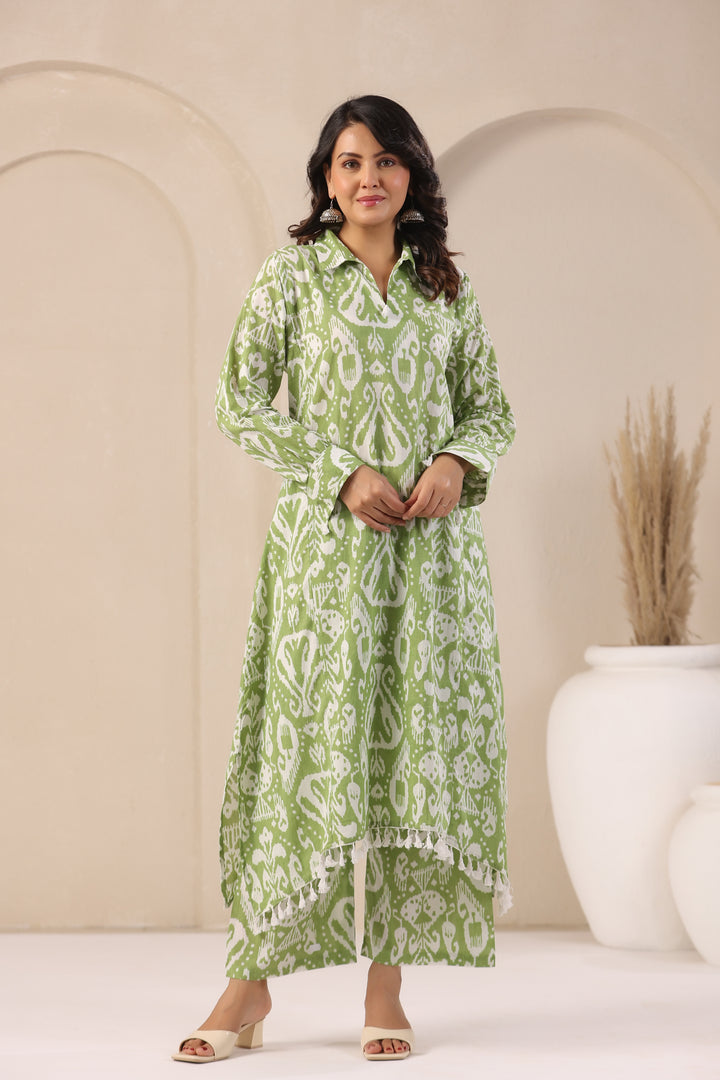 ARANYA FERN IKAT PRINT PREMIUM PURE COTTON KURTA PANT SET