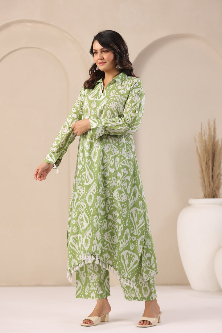 ARANYA FERN IKAT PRINT PREMIUM PURE COTTON KURTA PANT SET