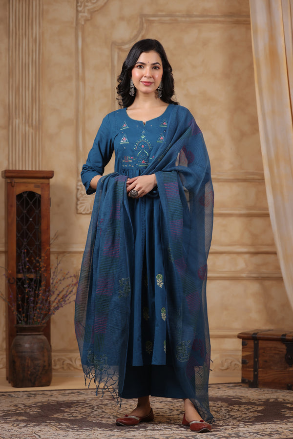 Hiya Teal Embroidered Cotton Suit Set
