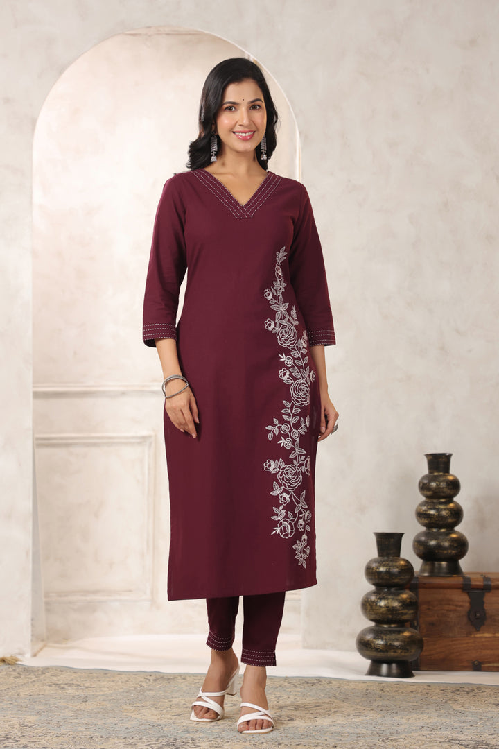 Hiya Merlot Embroidery Kurta Pant Set