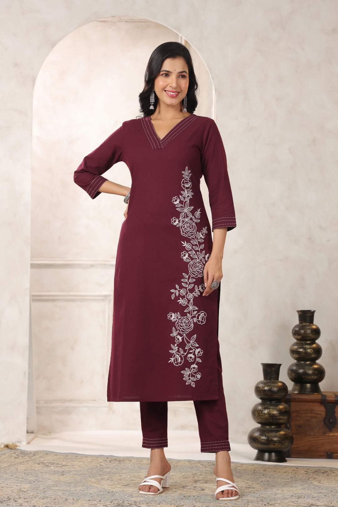 Hiya Merlot Embroidery Kurta Pant Set