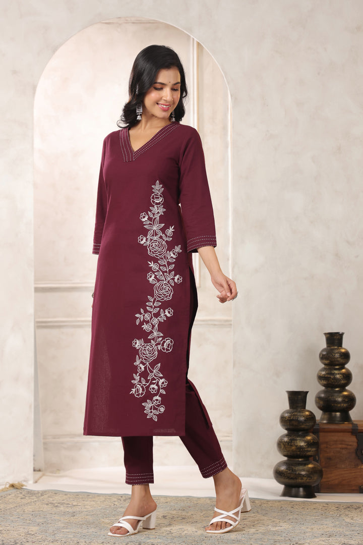 Hiya Merlot Embroidery Kurta Pant Set