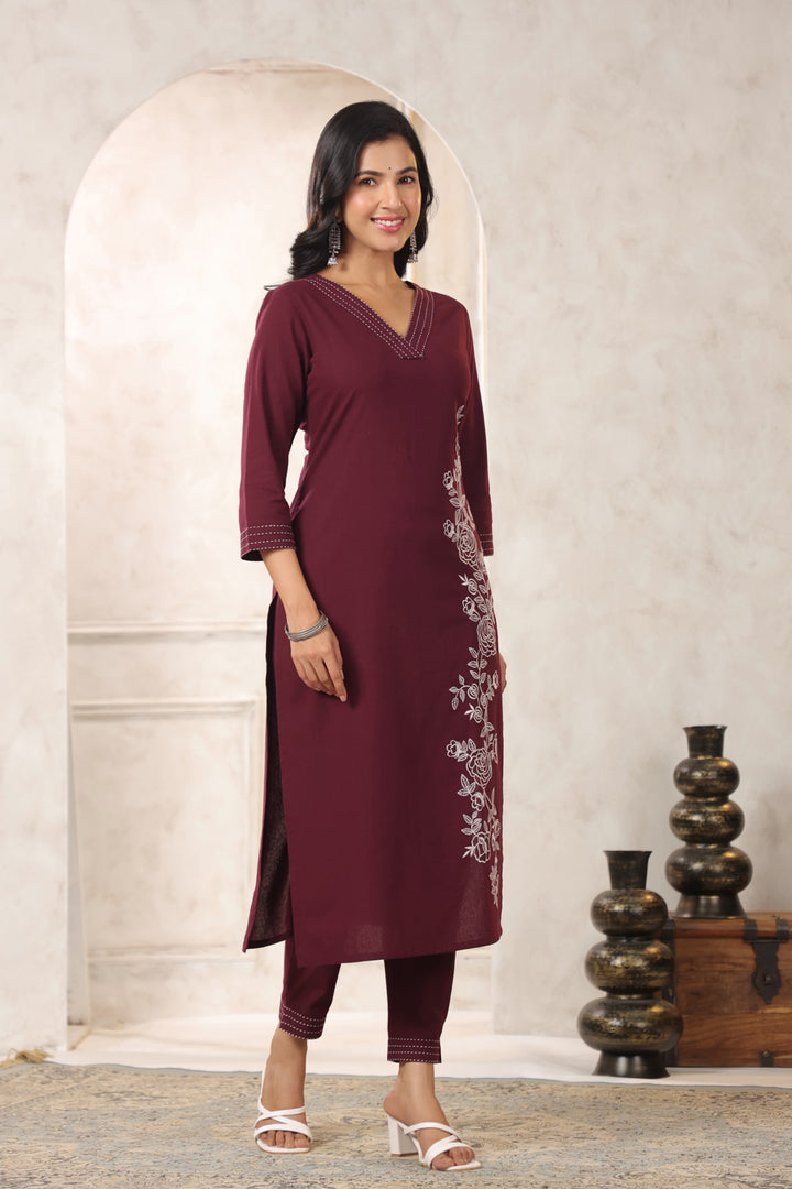 Hiya Merlot Embroidery Kurta Pant Set